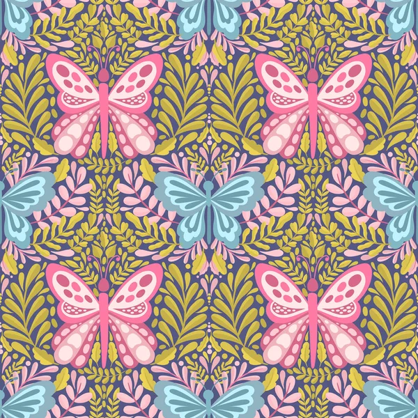 Mariposa y planta sin costura pattern.Simple plana elemento lindo insect.Cute diseño de dibujos animados. — Archivo Imágenes Vectoriales
