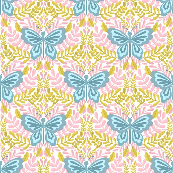 Pillangó és növény zökkenőmentes minta.Egyszerű lapos aranyos elem rovar.Aranyos rajzfilm design. — Stock Vector