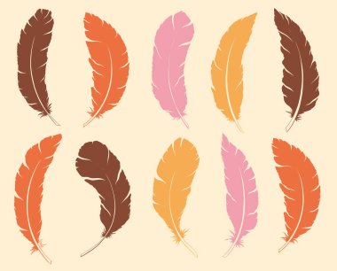 Kabile silueti tüyleri dekorasyon seti. Etnik boho tarzı el çizimi.