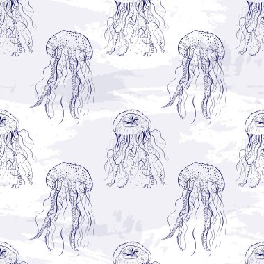 Seamless pattern jellyfish sea creature. Drawing sketch style hand draw.