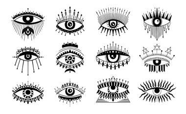 Kötü gören göz sembol kümesi. Gizli mistik amblemi, grafik tasarım dövme. Ezoterik işareti simya, dekoratif style, providence görme.