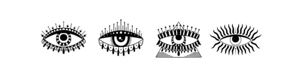 Onda Seeing eye symboluppsättning. Ockult mystiska emblem, grafisk design tatuering. Esoteriska tecken alkemi, dekorativa stil, providence syn. — Stock vektor