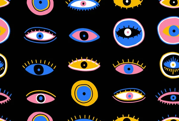 Evil Seeing eye symbol seamless pattern. Occult mystic emblem, graphic design tattoo. Esoteric sign alchemy, decorative style, providence sight. — Stockvektor