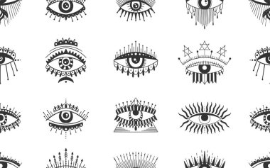 Evil Seeing eye symbol seamless pattern. Occult mystic emblem, graphic design tattoo. Esoteric sign alchemy, decorative style, providence sight.