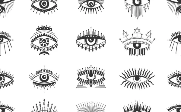 Evil Seeing eye symbol seamless pattern. Occult mystic emblem, graphic design tattoo. Esoteric sign alchemy, decorative style, providence sight. — стоковый вектор