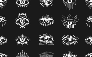 Kötülük Gören Göz sembolü kusursuz desen. Okült mistik amblem, grafik tasarım dövmesi. Esrarengiz simya işareti, dekoratif stil, ilahi görüş. Vektör illüstrasyonu.