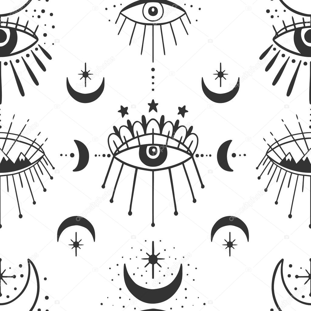 Mystic seamless pattern hamsa and evil eye symbol.Esoteric magic occult amulet.Abstract hand drawn style.Vector illustration.
