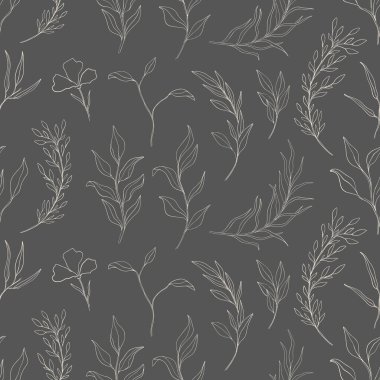 Kusursuz desenli bitkisel el çizimi. Ana hatlı botanik elementi. Elegante vintage tarzı..