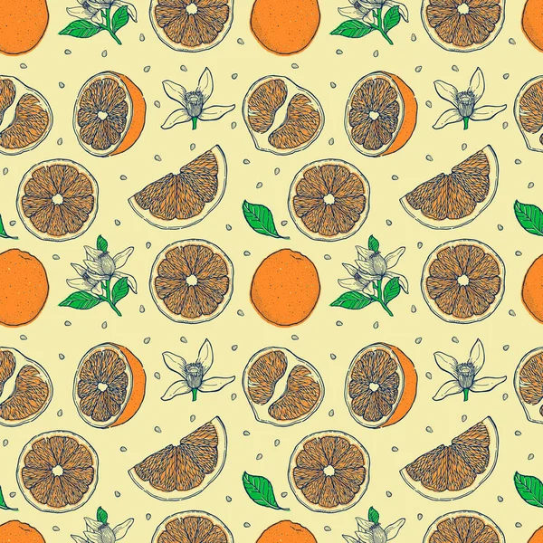 Mit Tusche gezeichnete nahtlose Muster orangefarbener Früchte. Sammlung von Nahrungsmitteln. Vintage-Sketch. Stockillustration