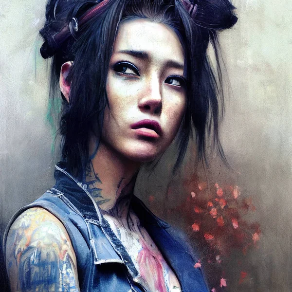 Painting Beautiful Punkish Girl Tatoos Stock Image