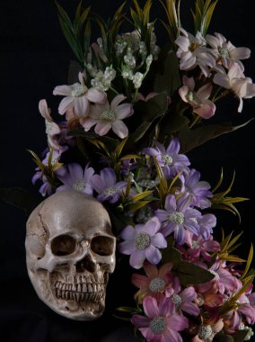 Çiçeklerin arka planında iskeleti olmayan insan kafatası