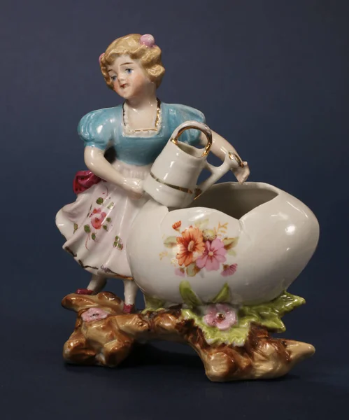 Ceramic Figurine Little Girl Watering Can Bath High Quality Photo — Stock Photo, Image