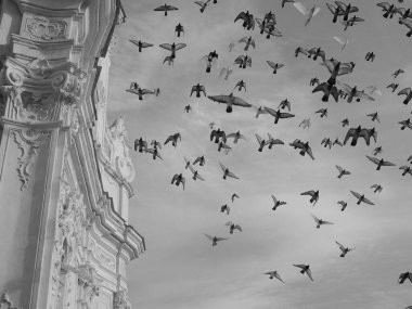 Liguria, İtalya - 10 Ekim 2021: Eski binaların panoramik manzaralı ve arka planda açık gökyüzü olan liguryan mekanlarına siyah beyaz güzel fotoğraflar.