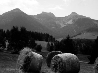 Liguria, İtalya - 10 Ekim 2021: Eski binaların panoramik manzaralı ve arka planda açık gökyüzü olan liguryan mekanlarına siyah beyaz güzel fotoğraflar.