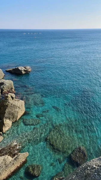 Savona Italie Février 2022 Panorama Mer Bleue Lumière Dessus Eau — Photo