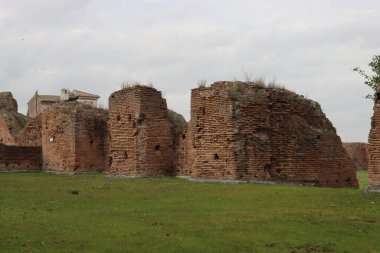 ROME, ITALY - 05 Şubat 2022: Roma, İtalya 'daki Colosseum çevresindeki panoramik manzara. Arka planda soğuk ve gri gökyüzü. Eski binalarla yeşil parkların makro fotoğrafları..