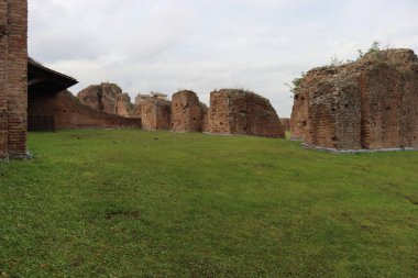 ROME, ITALY - 05 Şubat 2022: Roma, İtalya 'daki Colosseum çevresindeki panoramik manzara. Arka planda soğuk ve gri gökyüzü. Eski binalarla yeşil parkların makro fotoğrafları..