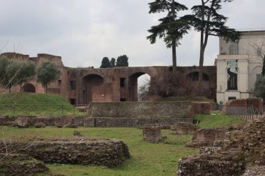 ROME, ITALY - 05 Şubat 2022: Roma, İtalya 'daki Colosseum çevresindeki panoramik manzara. Arka planda soğuk ve gri gökyüzü. Eski binalarla yeşil parkların makro fotoğrafları..