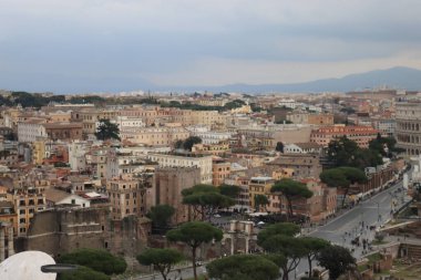 ROME, ITALY - 05 Şubat 2022: Roma, İtalya 'daki Colosseum çevresindeki panoramik manzara. Arka planda soğuk ve gri gökyüzü. Eski binalarla yeşil parkların makro fotoğrafları..