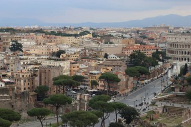 ROME, ITALY - 05 Şubat 2022: Roma, İtalya 'daki Colosseum çevresindeki panoramik manzara. Arka planda soğuk ve gri gökyüzü. Eski binalarla yeşil parkların makro fotoğrafları..