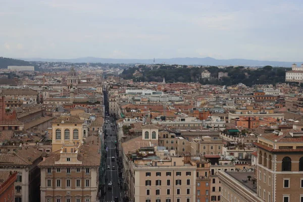 ROME, ITALY - 05 Şubat 2022: Roma, İtalya 'daki Colosseum çevresindeki panoramik manzara. Arka planda soğuk ve gri gökyüzü. Eski binalarla yeşil parkların makro fotoğrafları..