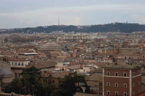 ROME, ITALY - 05 Şubat 2022: Roma, İtalya 'daki Colosseum çevresindeki panoramik manzara. Arka planda soğuk ve gri gökyüzü. Eski binalarla yeşil parkların makro fotoğrafları..