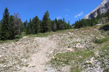 Val Badia, Italy-July 17, 2022: The italian Dolomites behind the small village of Corvara in summer days with beaitiful blue sky in the background. Green nature in the middle of the rocks.
