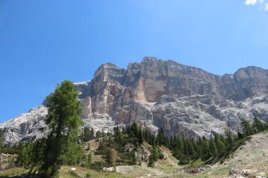 Val Badia, Italy-July 17, 2022: The italian Dolomites behind the small village of Corvara in summer days with beaitiful blue sky in the background. Green nature in the middle of the rocks.