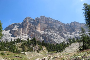 Val Badia, Italy-July 17, 2022: The italian Dolomites behind the small village of Corvara in summer days with beaitiful blue sky in the background. Green nature in the middle of the rocks.