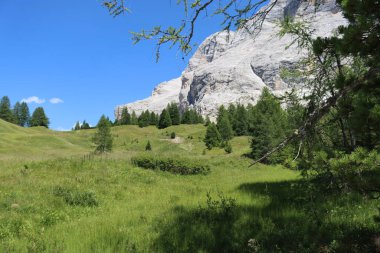 Val Badia, Italy-July 17, 2022: The italian Dolomites behind the small village of Corvara in summer days with beaitiful blue sky in the background. Green nature in the middle of the rocks.