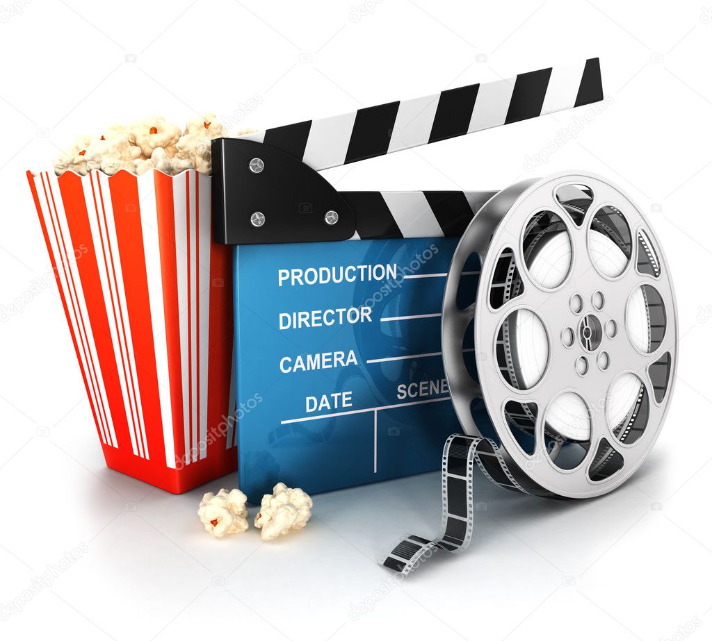 3d cinema clapper, film reel and popcorn — Stock Photo © 3Dmask