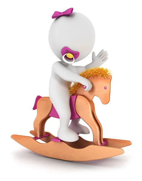 3d white baby girl rides a horse toy — Stock Photo, Image