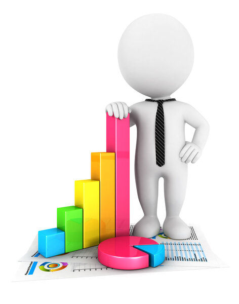 3d white with bar and pie charts