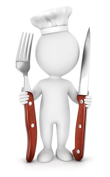 3d белый шеф-повар с вилкой и ножом — стоковое фото