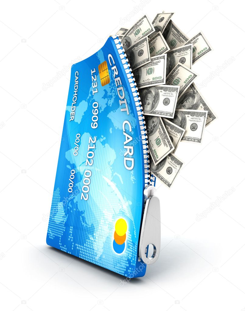 3d open credit card with dollar bills