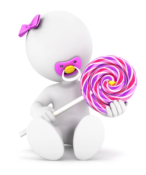 3d white people baby girl and a lollipop — Stock Photo, Image