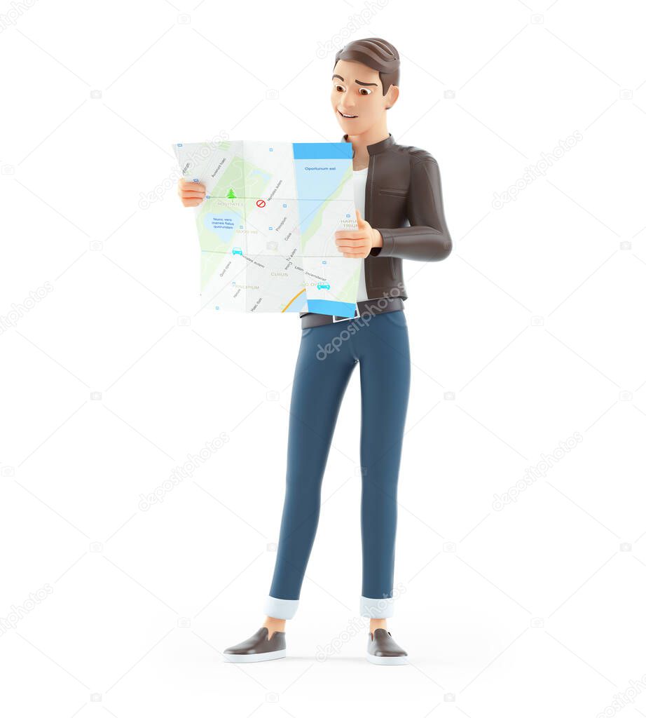 3d cartoon man looking at street map, illustration isolated on white background