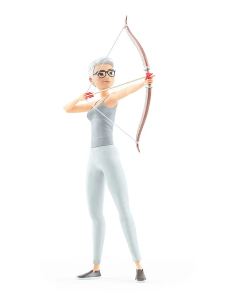 3Dシニア女性弓と矢を目指して 白い背景に隔離されたイラスト — ストック写真