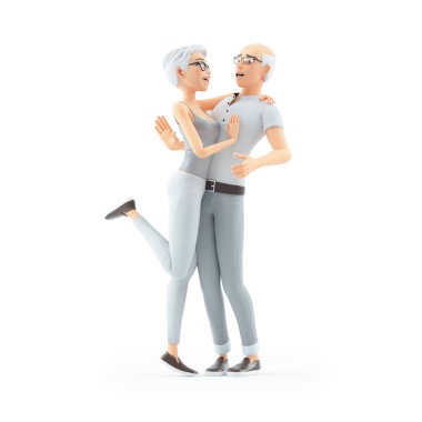 3D son sınıf öğrencisi kadın, utanmış adama sarılıyor, resim beyaz arka planda izole edilmiş.