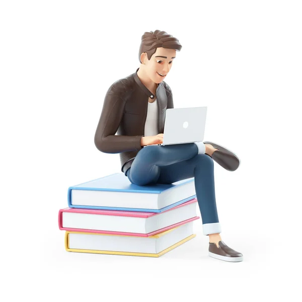 Cartoon Homem Sentado Livros Com Laptop Ilustração Isolado Fundo Branco — Fotografia de Stock