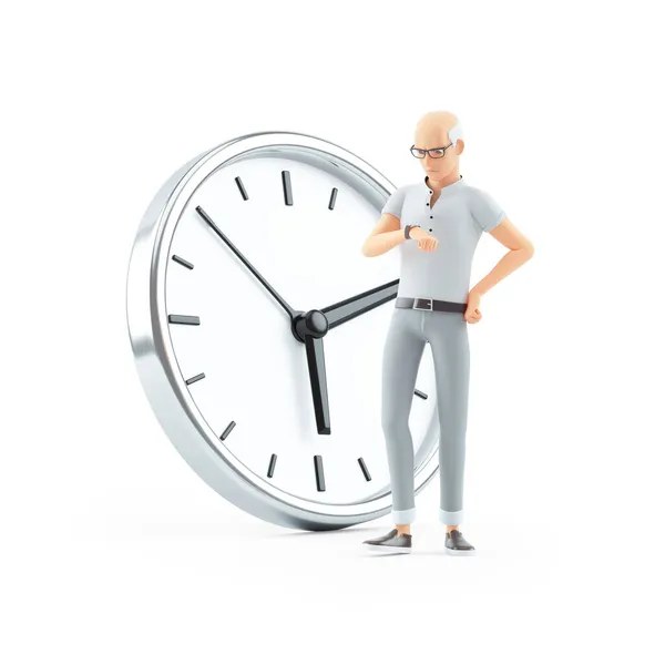 Ανυπόμονος Ανώτερος Άνθρωπος Στέκεται Μπροστά Από Ρολόι Εικόνα Απομονώνονται Λευκό — Φωτογραφία Αρχείου