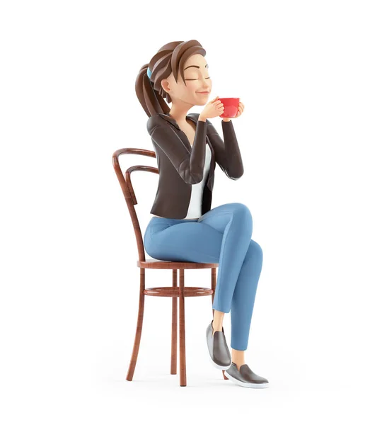 Karikatura Žena Sedí Židli Čichání Kávy Ilustrace Izolované Bílém Pozadí — Stock fotografie