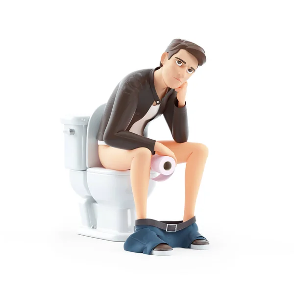 Homme Dessin Animé Ennuyé Assis Sur Les Toilettes Illustration Isolée — Photo