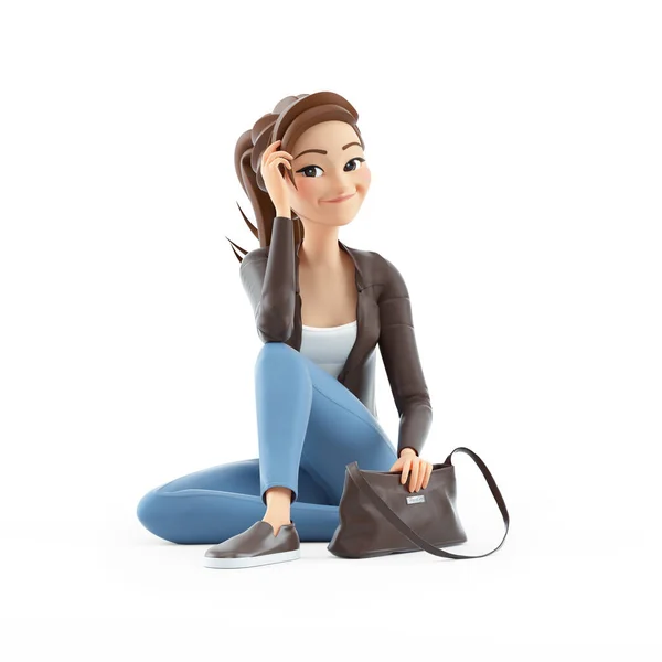 Mujer Dibujos Animados Sentado Suelo Con Bolso Mano Ilustración Aislada — Foto de Stock