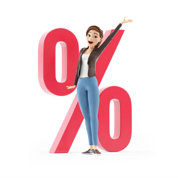 Happy Cartoon Woman Front Percent Sign Illustration Isolated White Background — Stock Photo, Image