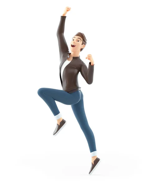 3D漫画の男は喜びのためにジャンプ 白い背景に隔離されたイラスト — ストック写真