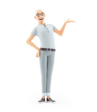 3D kıdemli adam eliyle bir şey gösteriyor, beyaz arka planda izole edilmiş bir resim.
