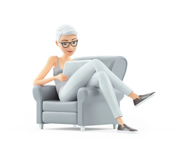 Femme Âgée Assise Dans Fauteuil Avec Tablette Illustration Isolée Sur — Photo