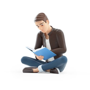 3D karikatürcü yerde oturup kitap okuyor. Resimler beyaz arka planda izole edilmiş.