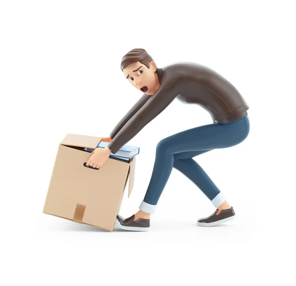 Cartoon Man Lifting Heavy Box Illustration Isolated White Background — Stock Photo, Image